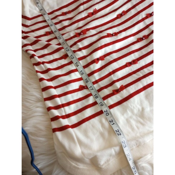 TALBOTS Red Ivory Bows w/jewels Striped Sweater Size Large cotton round neck - Picture 9 of 10